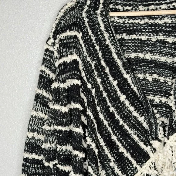 Anthropologie La Fee Verte Boho Fringe Cardigan Sweater Black White Striped XL - Picture 4 of 8